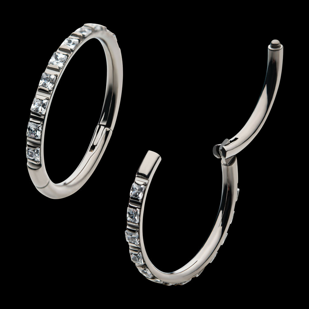 1mm Square Clear AAA CZ Side Facing Hinged Segment Clicker Hoop Earring / Nosering – Titanium
