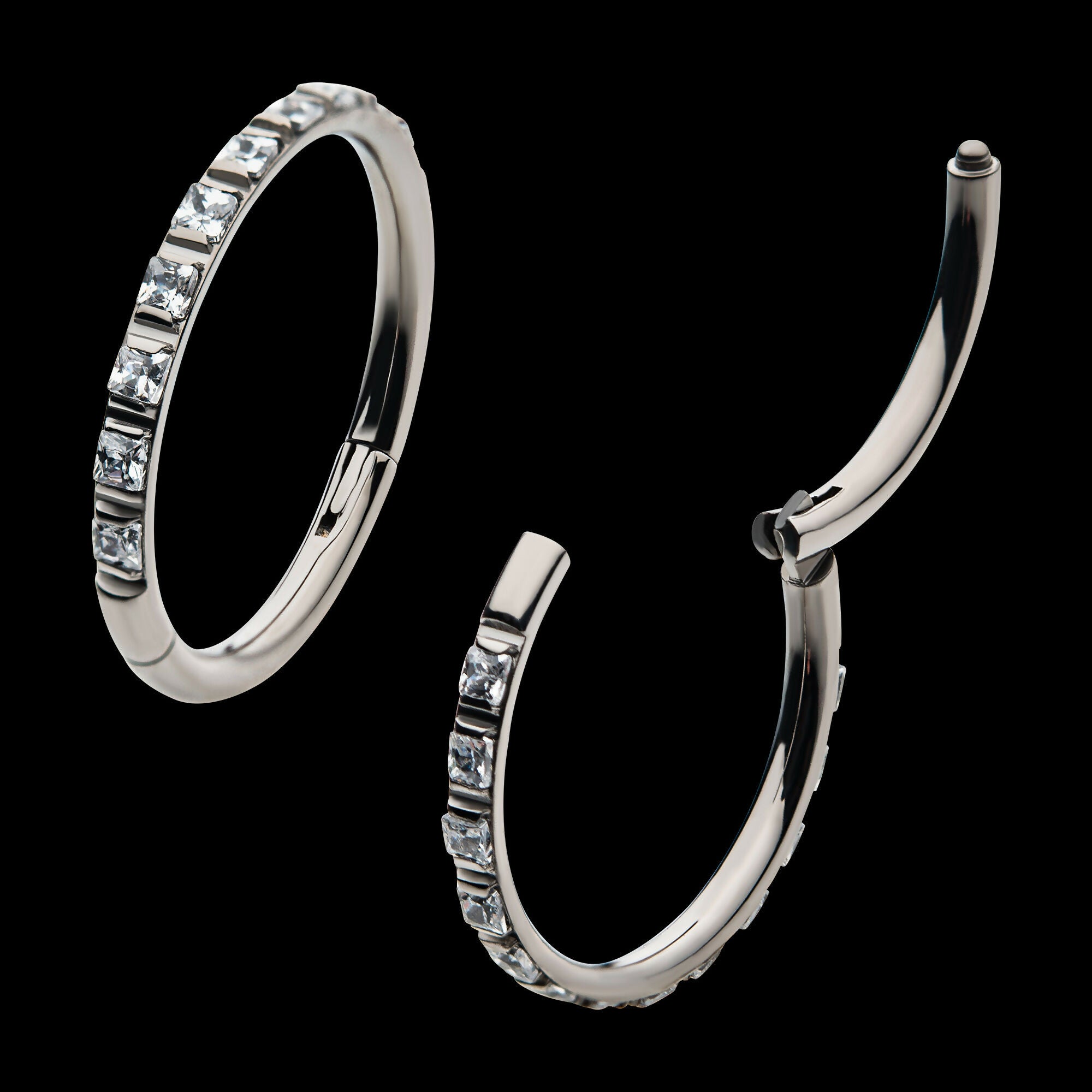 1mm Square Clear AAA CZ Side Facing Hinged Segment Clicker Hoop Earring / Nosering – Titanium