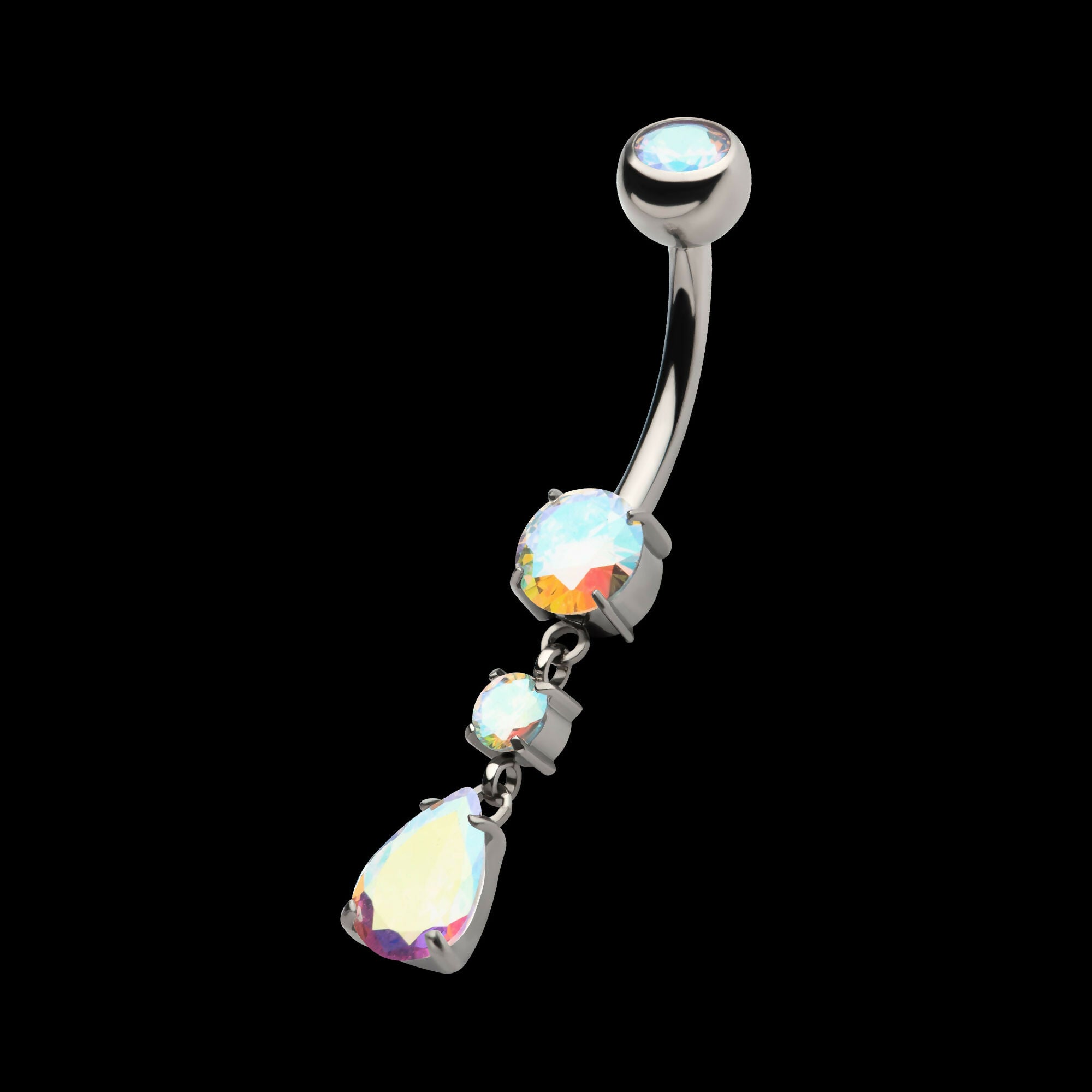 Internally Threaded Double Dangle Prong Set Round and Teadrop Gem Navel Earring / Nosering – Titanium