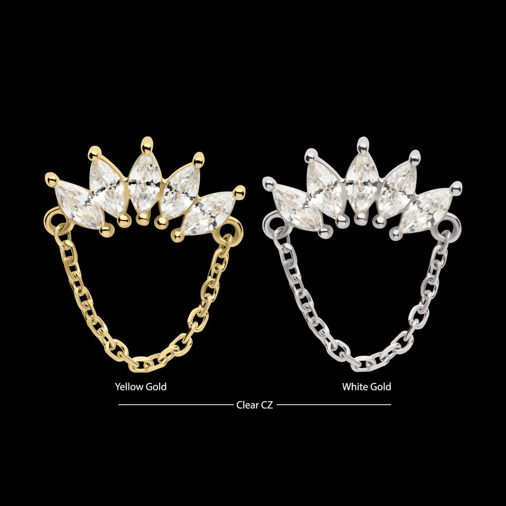 14Kt Gold Threadless 5 Cluster Marquise Prong Set Gem Fan Top with Chain Dangle
