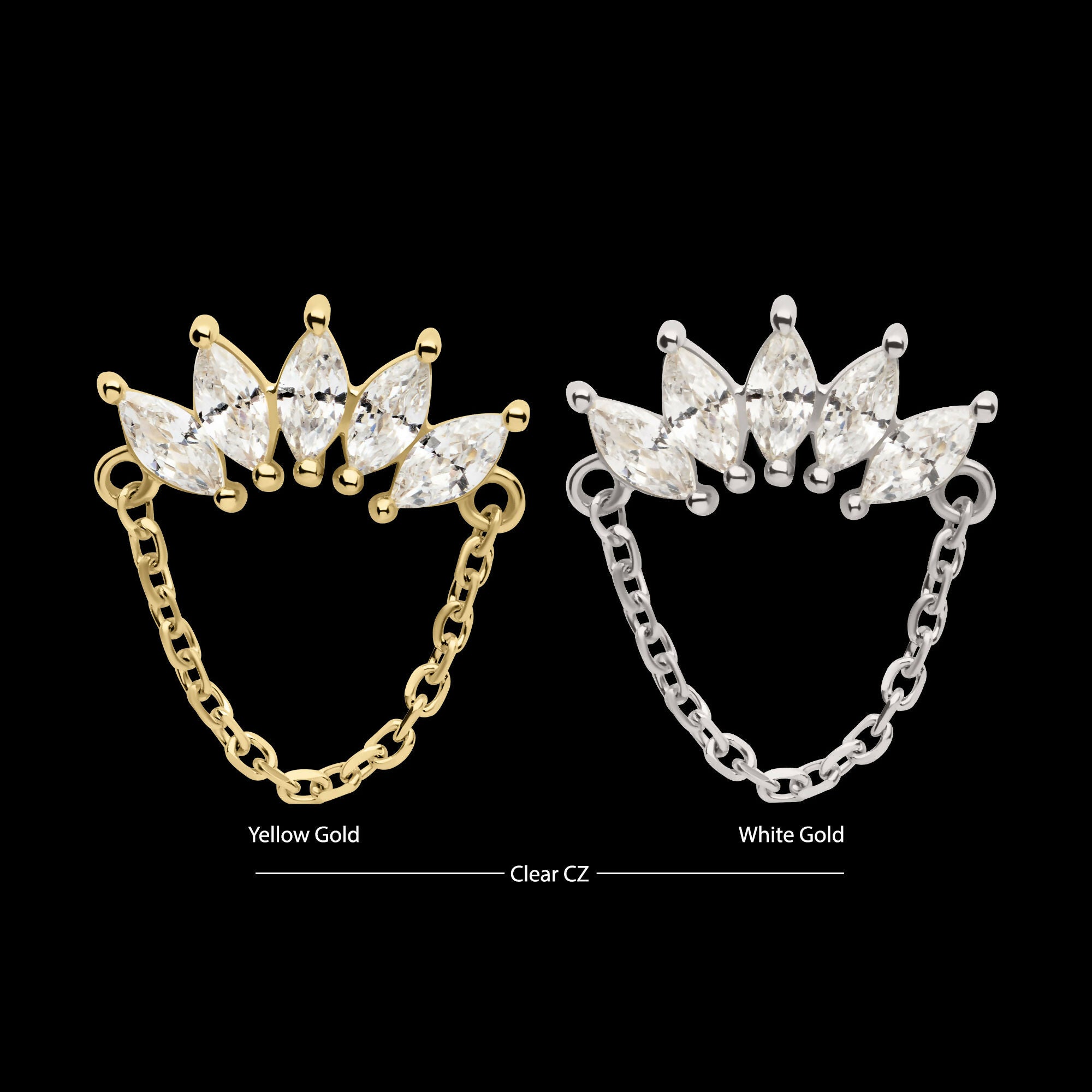 14Kt Gold Threadless 5 Cluster Marquise Prong Set Gem Fan Top with Chain Dangle