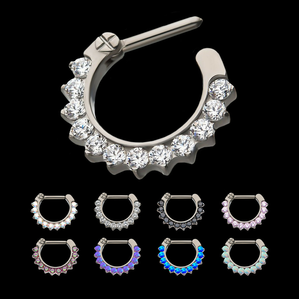 12-Cluster CZ/Opal Septum Clickers Hoop Earring / Nosering – Titanium