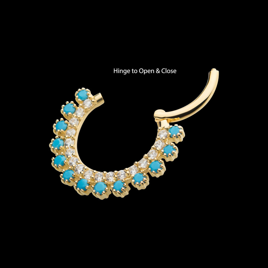 Double Row Prong Set Clear CZ & Synthetic Turquoise Front Facing Hinged Segment Clicker Hoop Earring / Nosering – 14Kt Yellow Gold