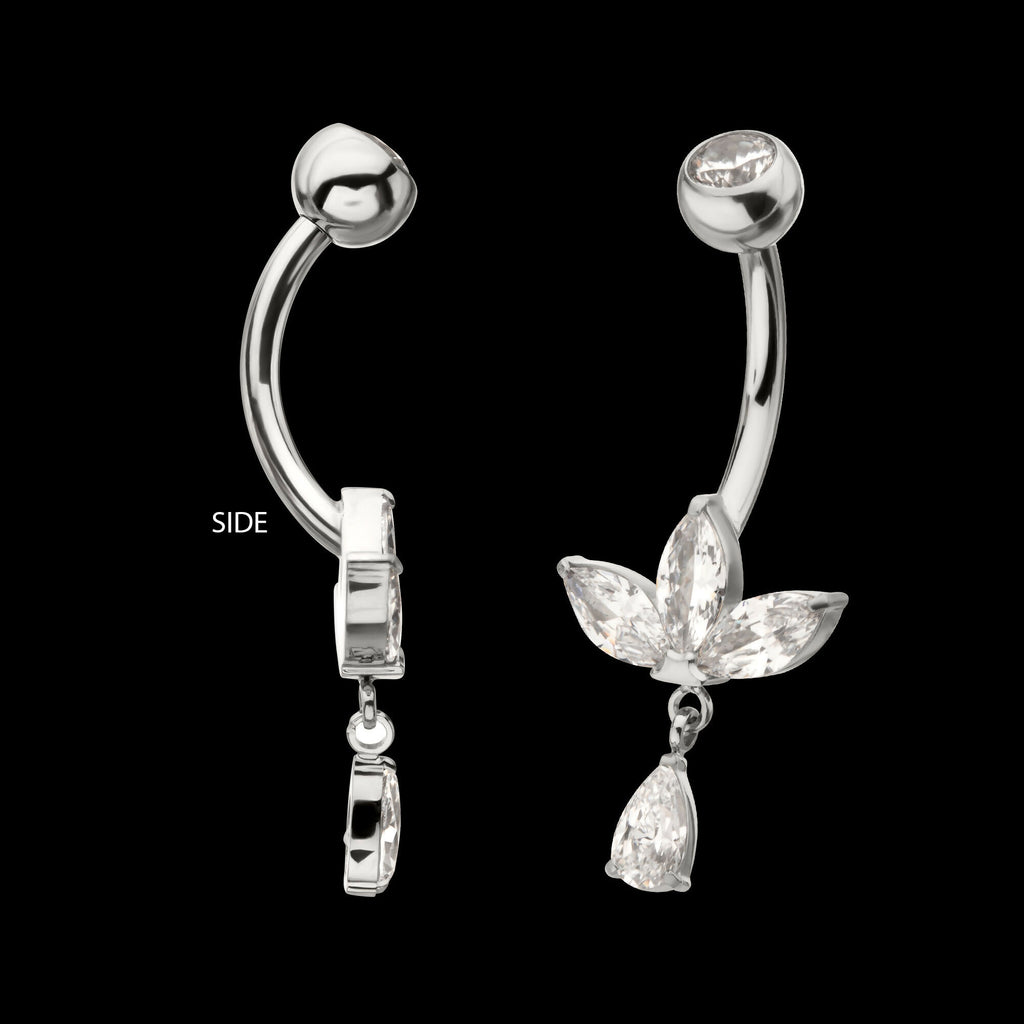 Internally Threaded Triple Marquise Gem Fan Navel with Floating Teardrop Gem Dangle Earring / Nosering – Titanium