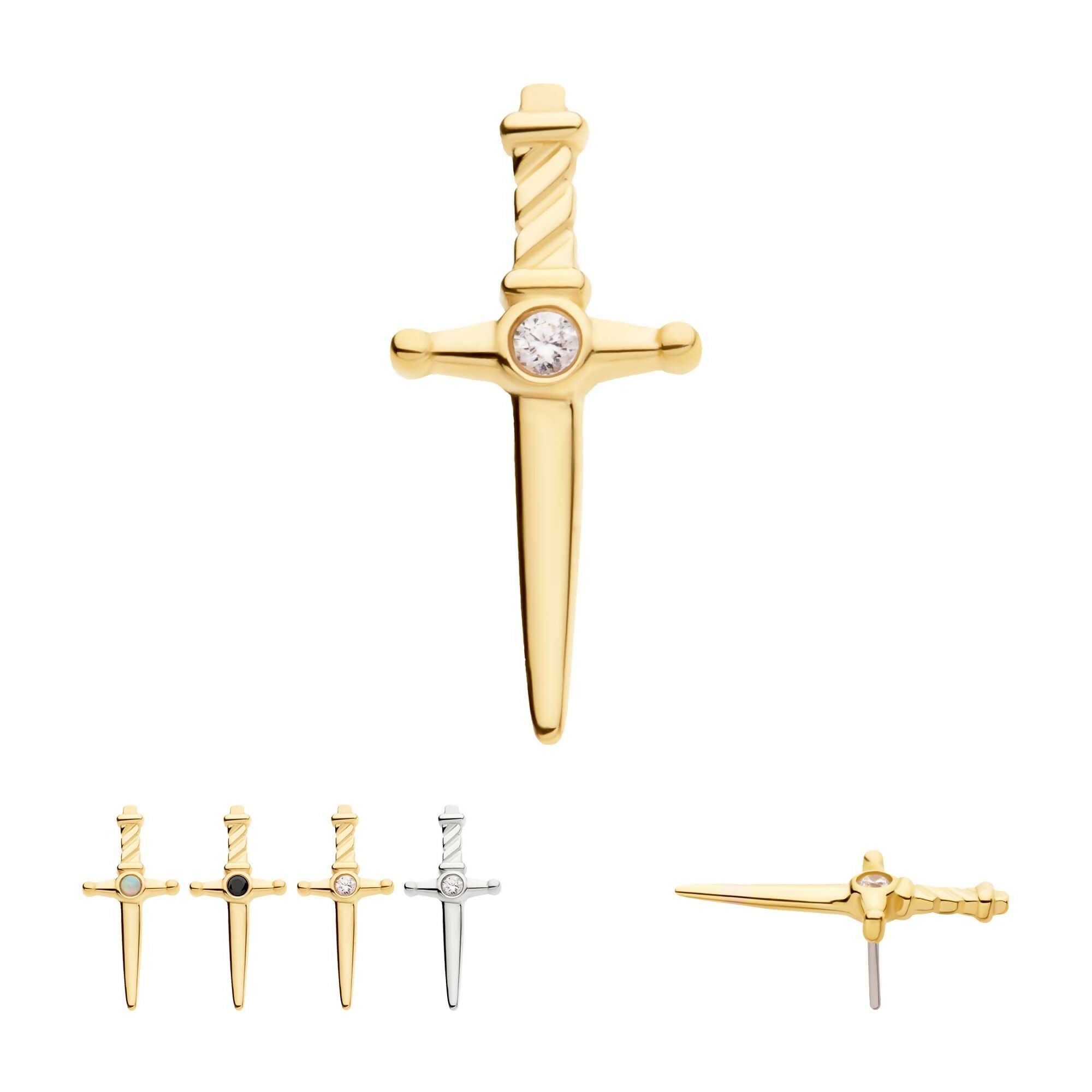Dagger with Bezel Gem/Opal Flatback Stud Earring / Nosering - Opal in 14Kt Gold