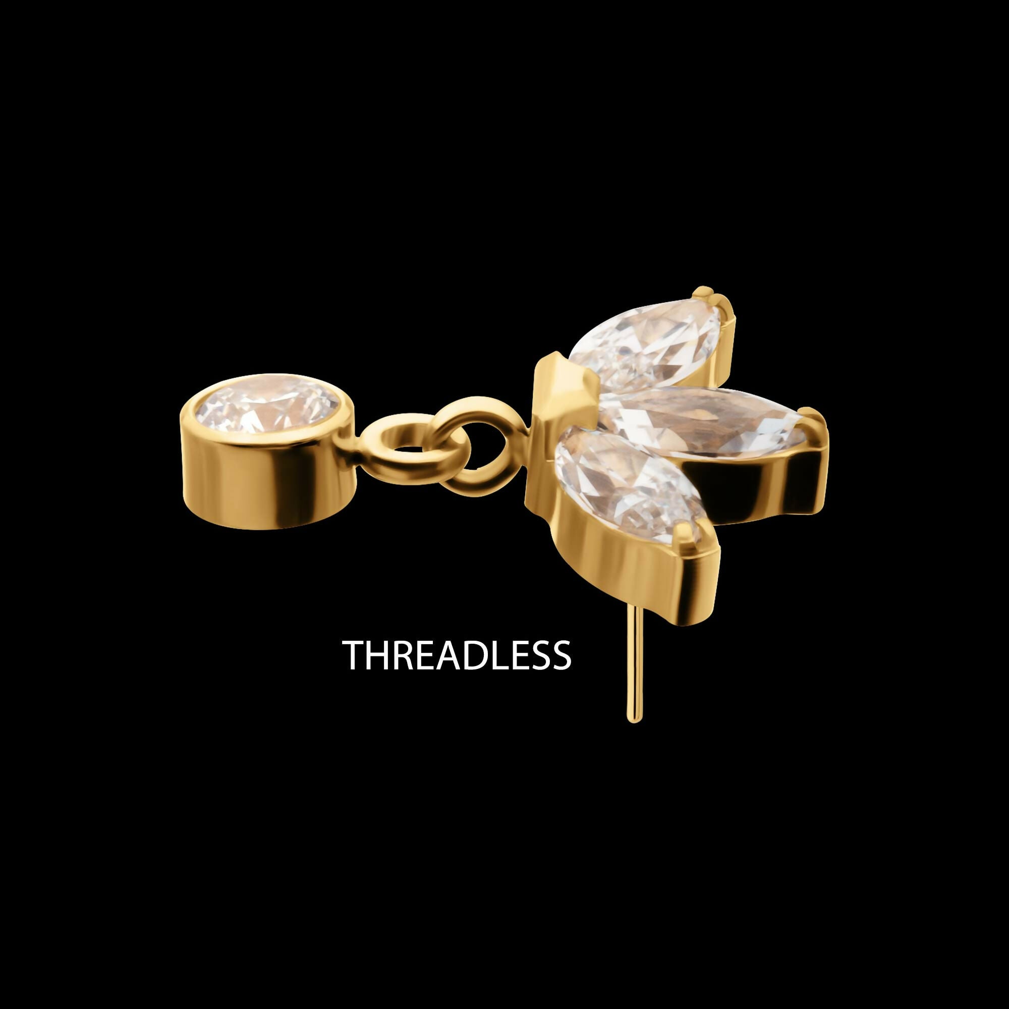 24KT Gold PVD Titanium Threadless 3 Marquise Fan Top with Bezel Gem Dangle