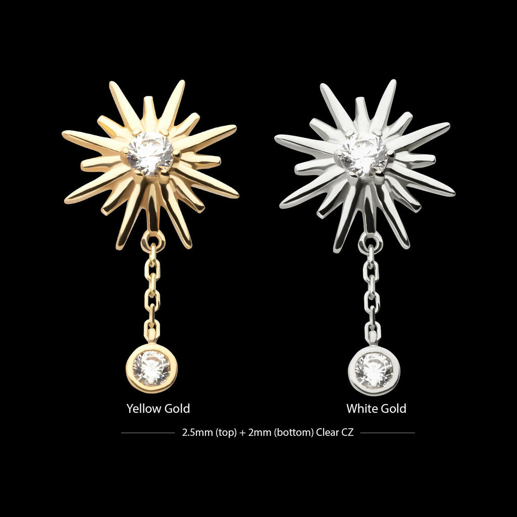 14Kt Gold Threadless Double Prong Set CZ Sunburst with Dangle Chain Top