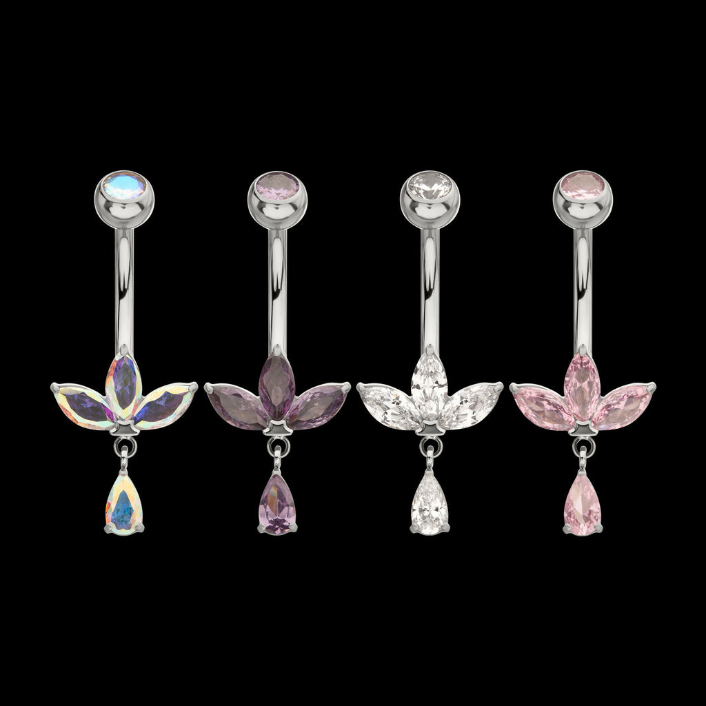 Internally Threaded Triple Marquise Gem Fan Navel with Floating Teardrop Gem Dangle Earring / Nosering – Titanium