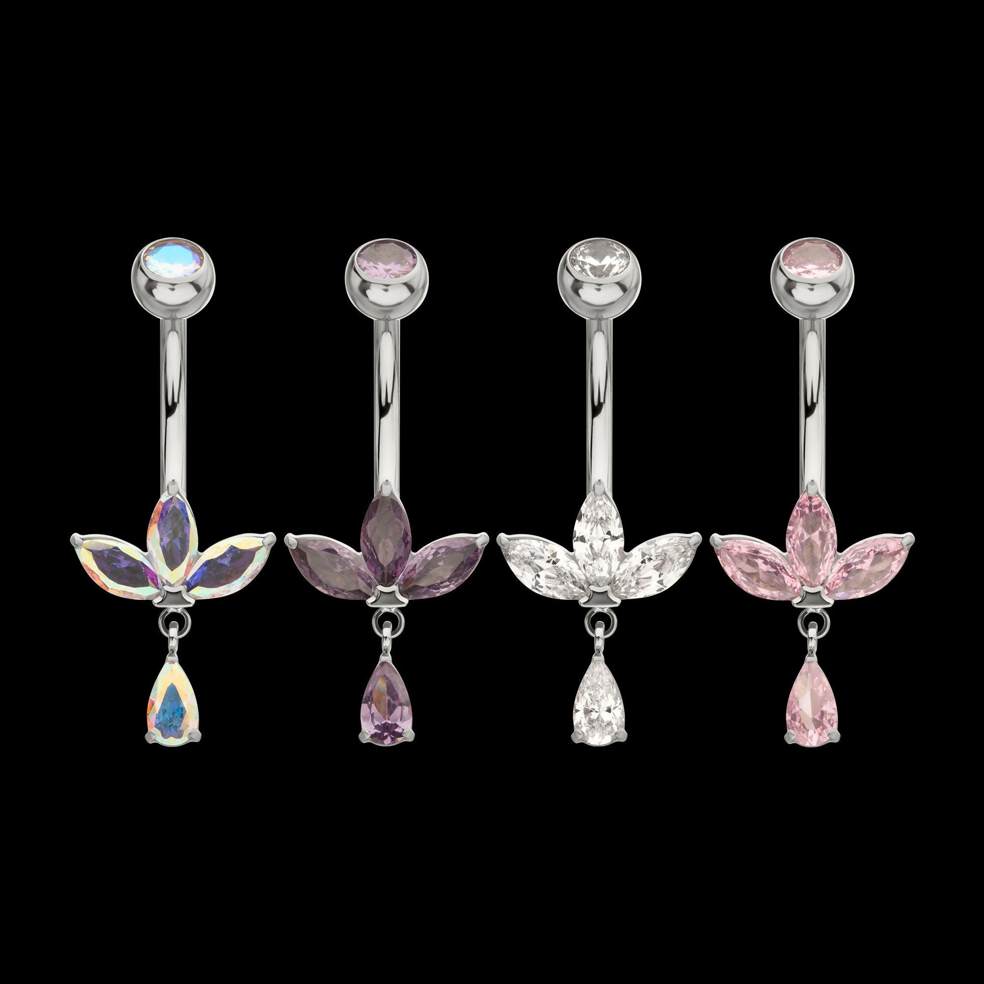 Internally Threaded Triple Marquise Gem Fan Navel with Floating Teardrop Gem Dangle Earring / Nosering – Titanium