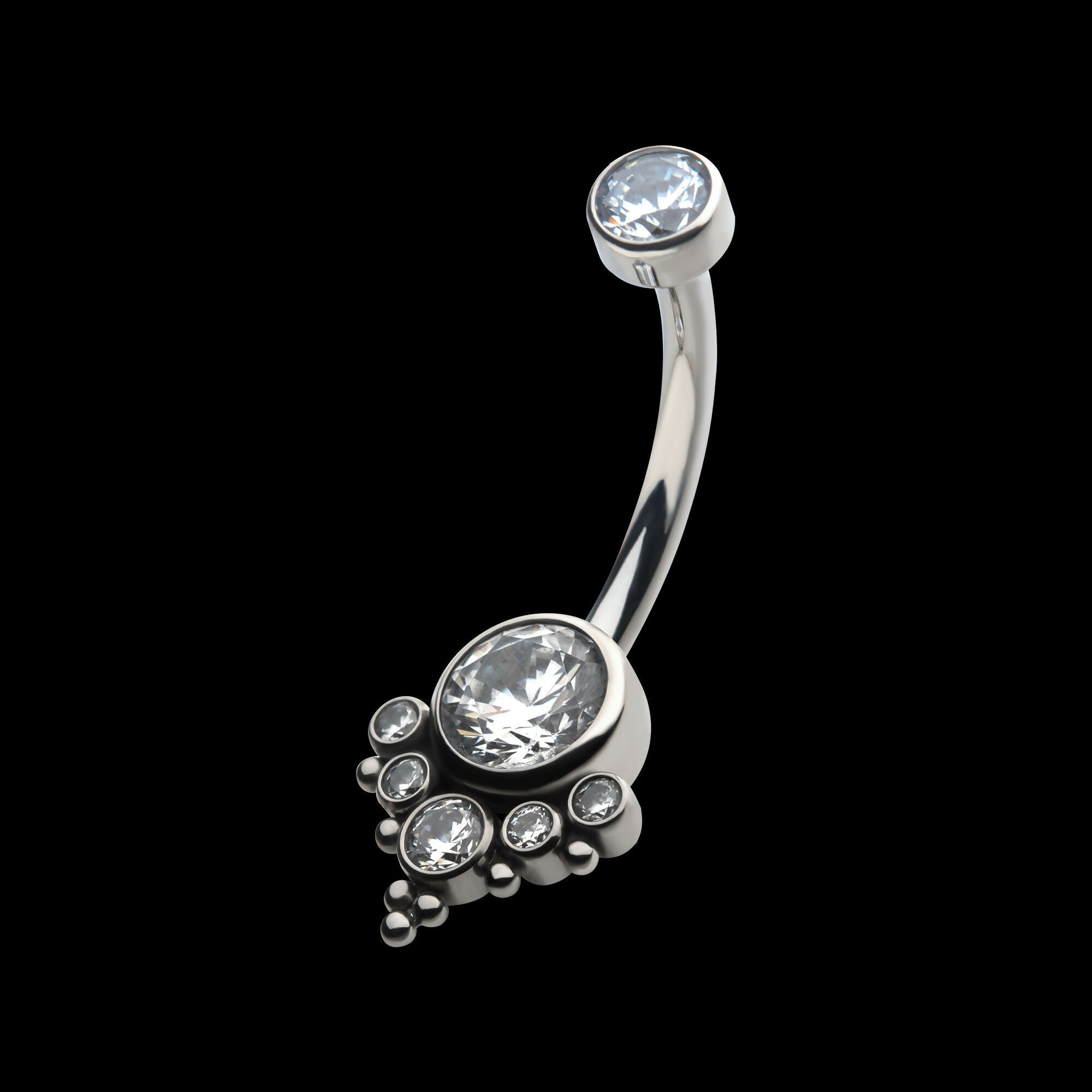 Internally Threaded with Tri Bead Bezel Set CZ Terraced Cluster Navel Curve Earring / Nosering – Titanium