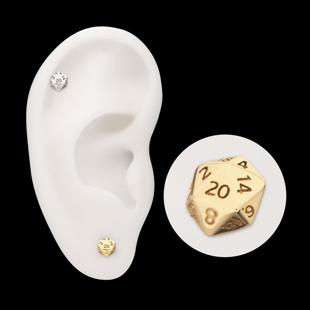 Dungeons & Dragons 3D Flat Back Dice Flatback Stud Earring / Nosering - 14Kt Gold
