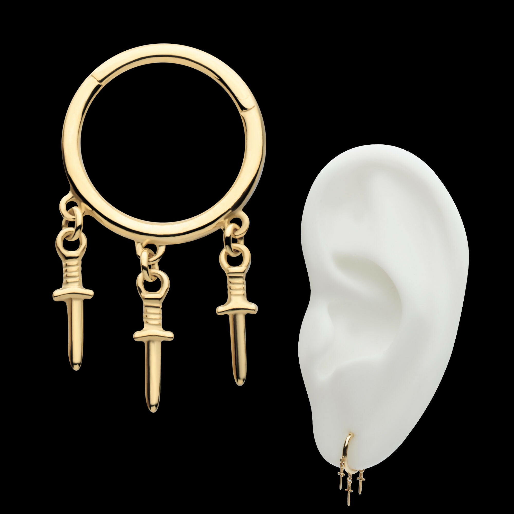 Triple Dagger Dangle Charm Hinged Segment Clicker Hoop Earring / Nosering – 14Kt Yellow Gold