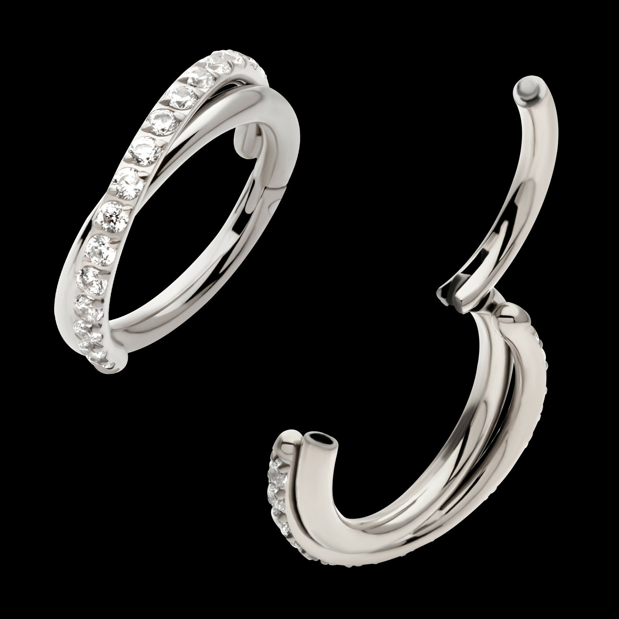 Double Hoop Side Facing Hinged Segment Clicker with CNC Set Round CZ Earring / Nosering – Titanium
