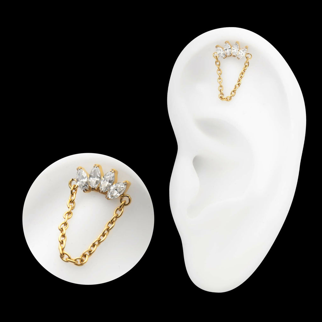 24Kt Gold PVD Titanium Threadless 4 Marquise Prong Gem Cluster Top with Chain Dangle