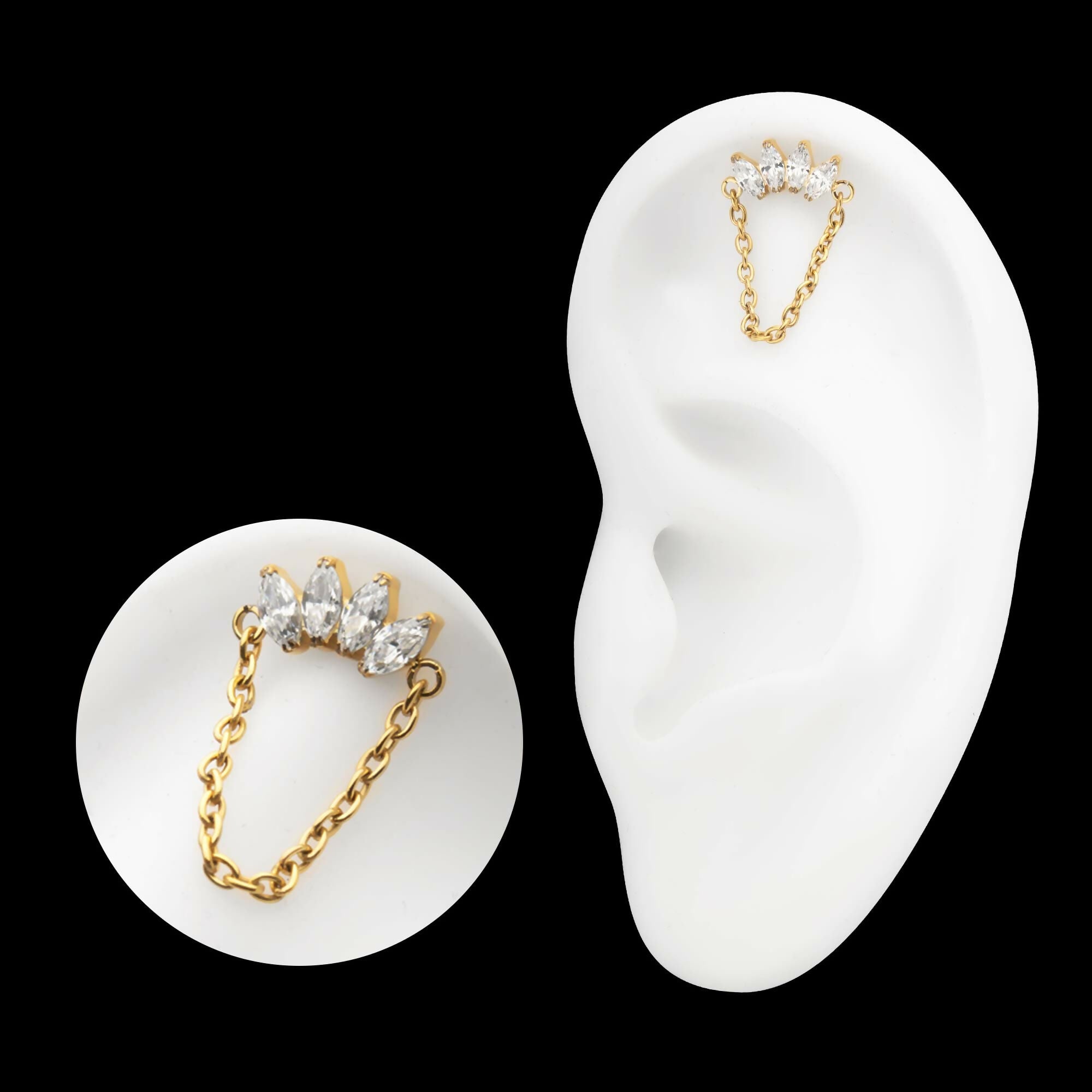 24Kt Gold PVD Titanium Threadless 4 Marquise Prong Gem Cluster Top with Chain Dangle