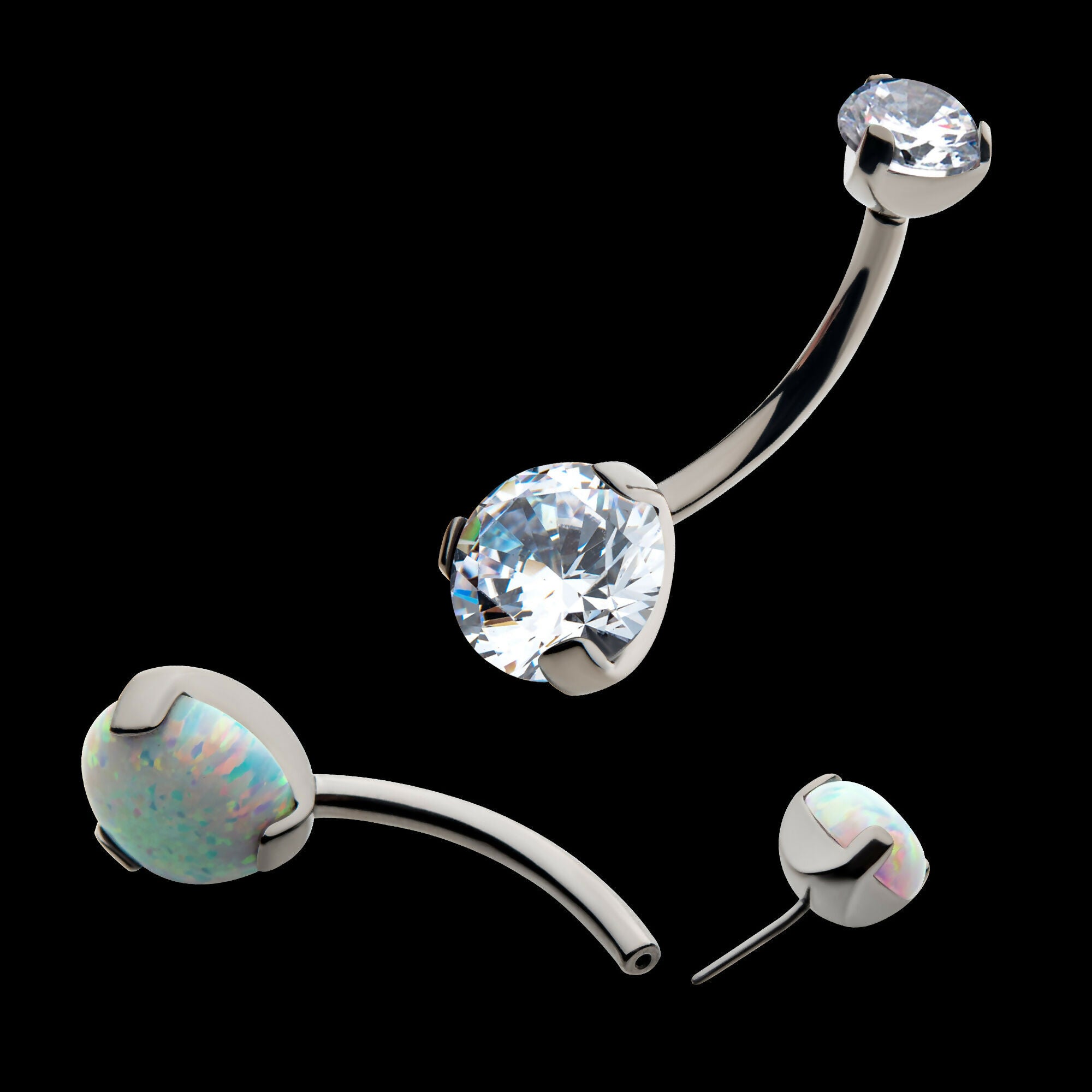 Prong Set Round AAA CZ/Synthetic Opal Detachable Top and Fixed Bottom Navel Curve Earring / Nosering – Titanium