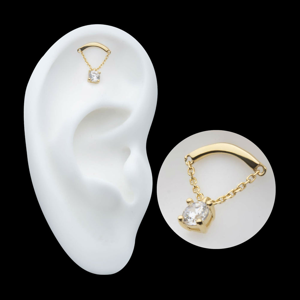 14Kt Yellow Gold Threadless Curved Bar Top with 4-Prong Gem Dangle