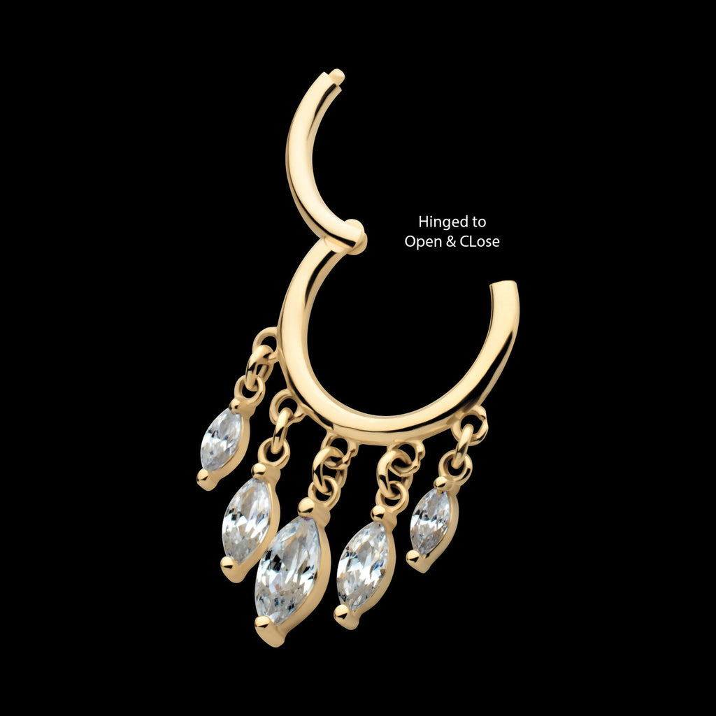 5 Marquise CZ Dangle Charm Hinged Segment Clicker Hoop Earring / Nosering – 14Kt Yellow Gold