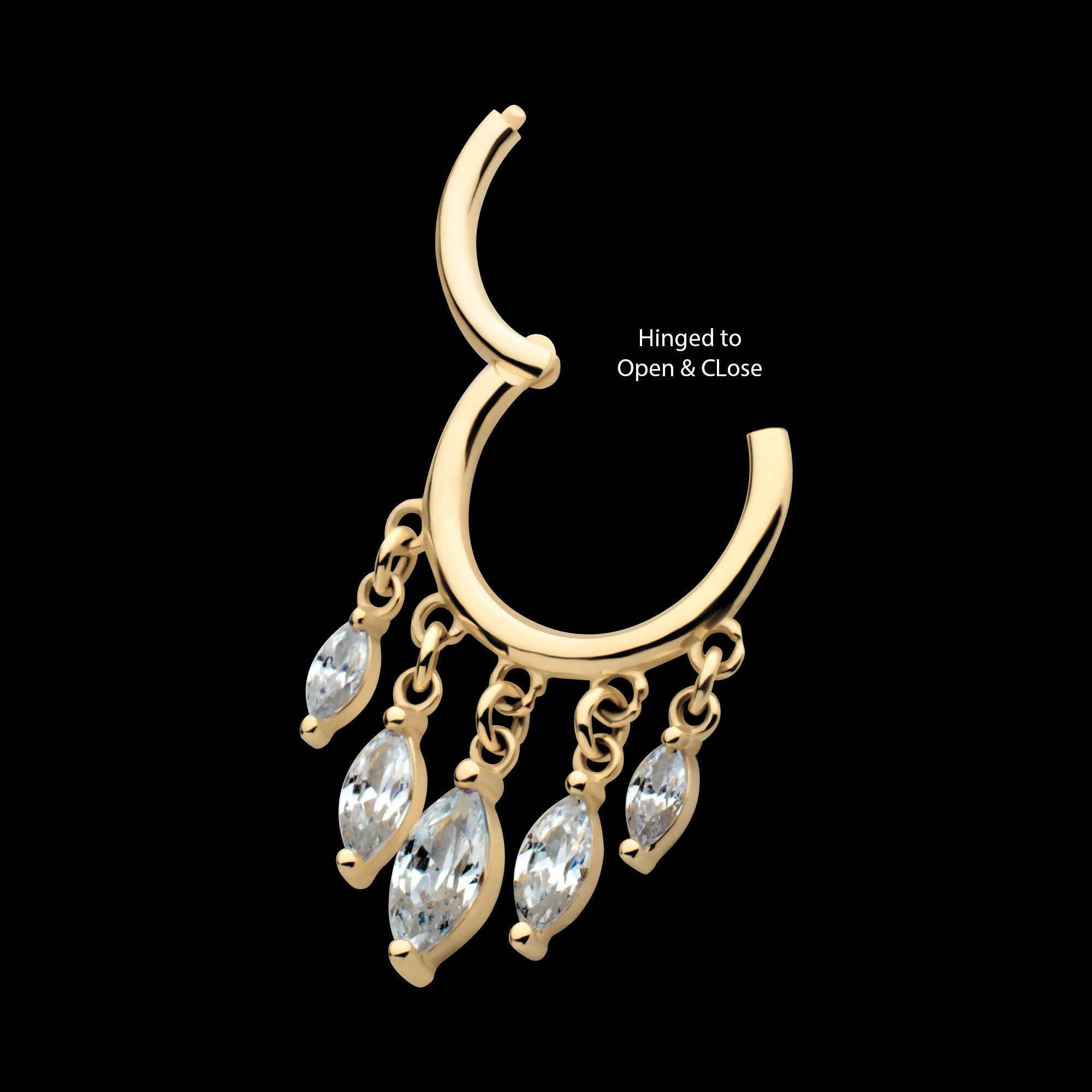 5 Marquise CZ Dangle Charm Hinged Segment Clicker Hoop Earring / Nosering – 14Kt Yellow Gold