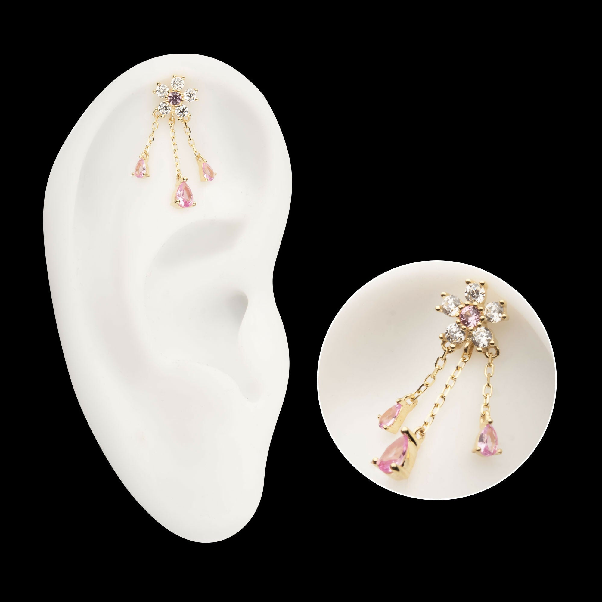 14Kt Yellow Gold Threadless 5-Petal Prong Set Gem Cherry Blossom Flower Top with Triple Teardrop Dangle