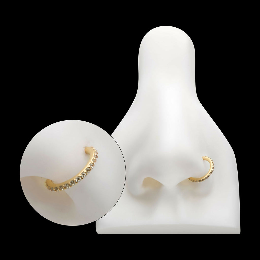 Prong Set 1mm Eternity Round Gem Side Facing Hinged Segment Clicker Hoop Earring / Nosering – 14Kt Gold