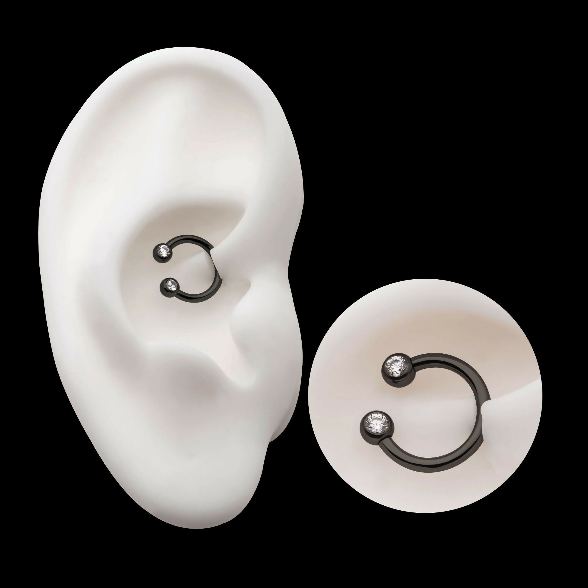 Black PVD Titanium Internally Threaded Forward Facing Bezel Set Round Gem Circular Barbell Earring / Nosering