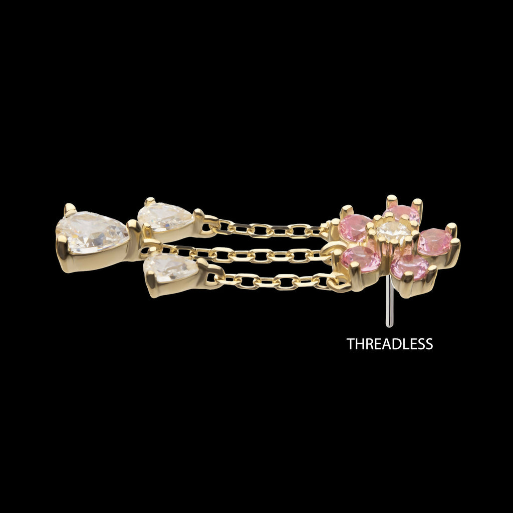 14Kt Yellow Gold Threadless 5-Petal Prong Set Gem Cherry Blossom Flower Top with Triple Teardrop Dangle