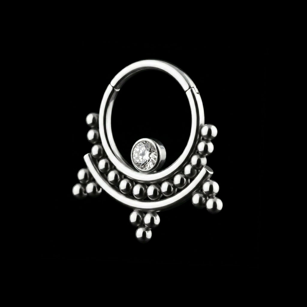 1 Bezel Set Gem Gem and Tri-Beads Clusters Hinged Segment Clicker Hoop Earring / Nosering – Titanium