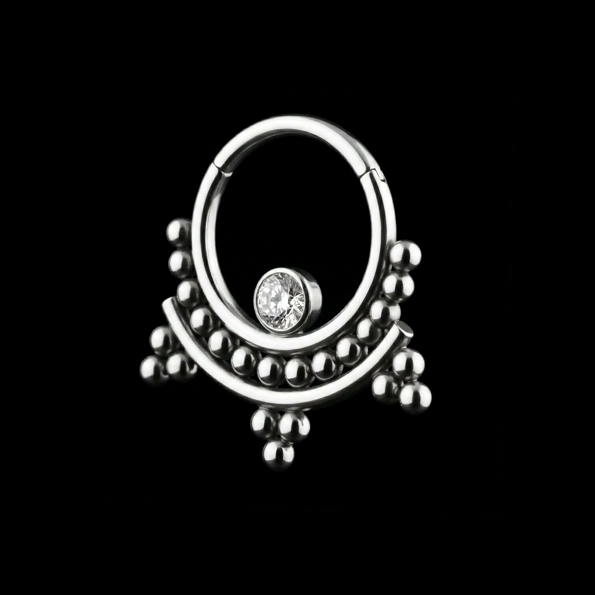 1 Bezel Set Gem Gem and Tri-Beads Clusters Hinged Segment Clicker Hoop Earring / Nosering – Titanium