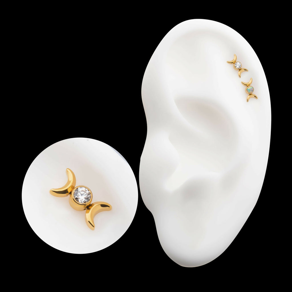 Titanium Threadless Bezel Set Round Gem/Opal Triple Moon Phase Top