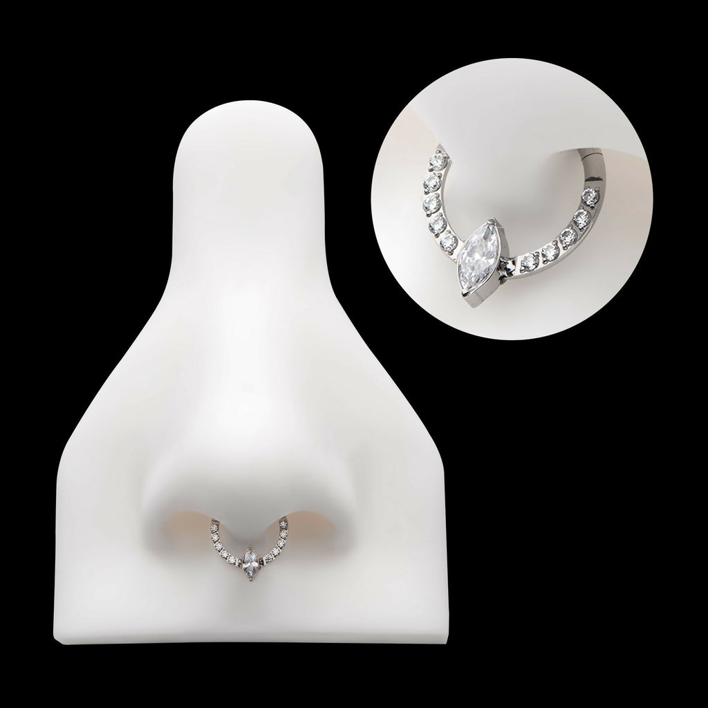 1mm CNC Set Full Clear CZ & Big Marquise CZ Front Facing Hinged Segment Clicker Hoop Earring / Nosering – Titanium