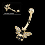 Internally Threaded Pave Set Round Clear CZ Enamel Bee Fixed Bottom Navel Earring / Nosering – 14Kt Yellow Gold