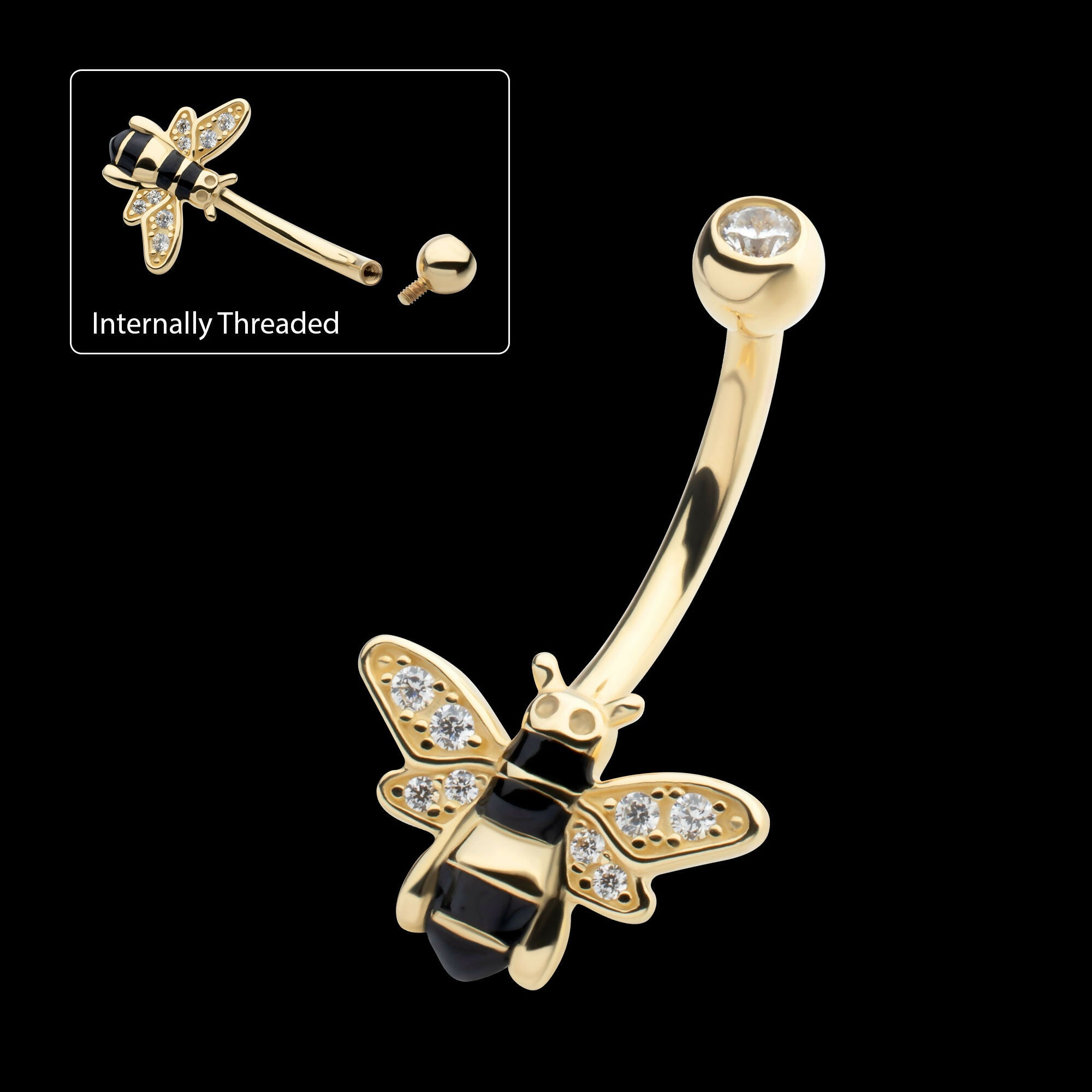Internally Threaded Pave Set Round Clear CZ Enamel Bee Fixed Bottom Navel Earring / Nosering – 14Kt Yellow Gold