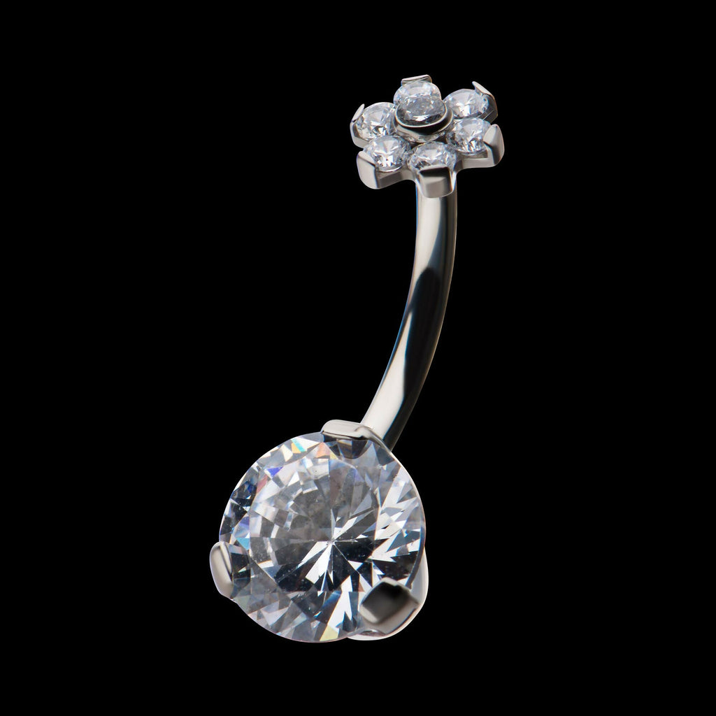 Internally Threaded with Prong Set AAA CZ & Synthetic Opal Flower Top and Round Bottom Fixed Navel Earring / Nosering – Titanium