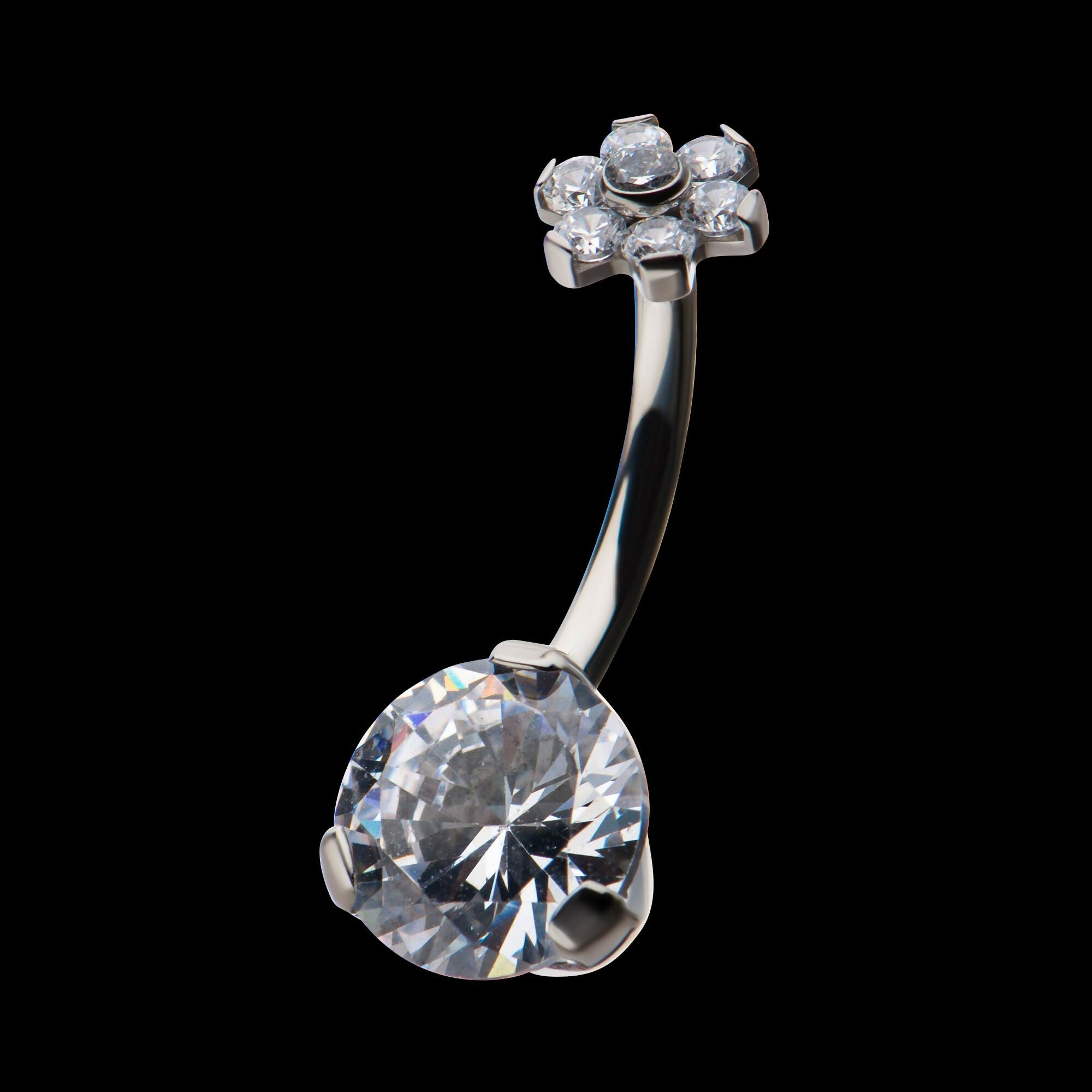 Internally Threaded with Prong Set AAA CZ & Synthetic Opal Flower Top and Round Bottom Fixed Navel Earring / Nosering – Titanium