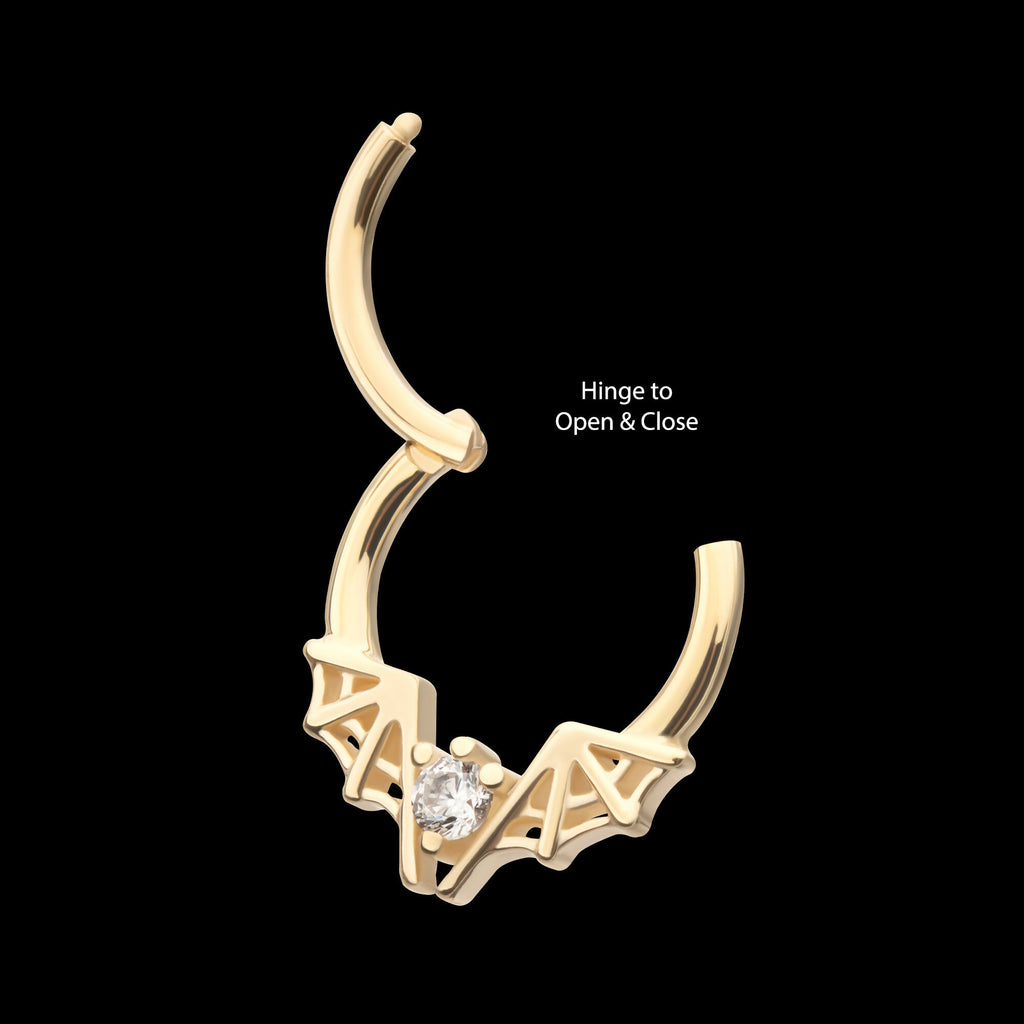 Angled Bat Wings Frame a Prong Set Gem Front Facing Hinged Segment Clicker Hoop Earring / Nosering – 14Kt Yellow Gold