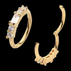 5-Cluster Prong Set Baguette & Round Clear CZ Side Facing Hinged Segment Clicker Hoop Earring / Nosering – 14Kt Yellow Gold