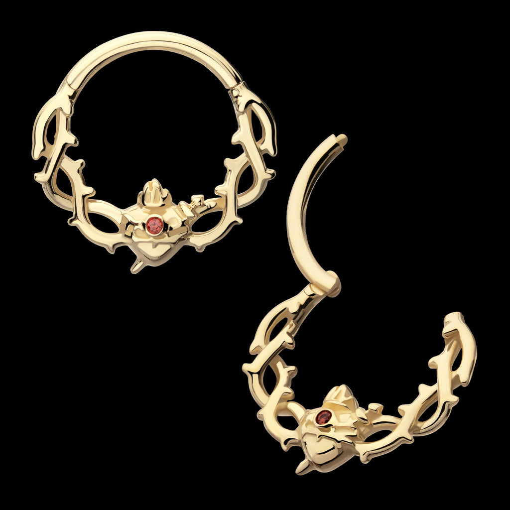 Sacred Heart with Dagger Crown of Thorns Garnet Bezel Gem Front Facing Hinged Segment Clicker Hoop Earring / Nosering – 14Kt Yellow Gold