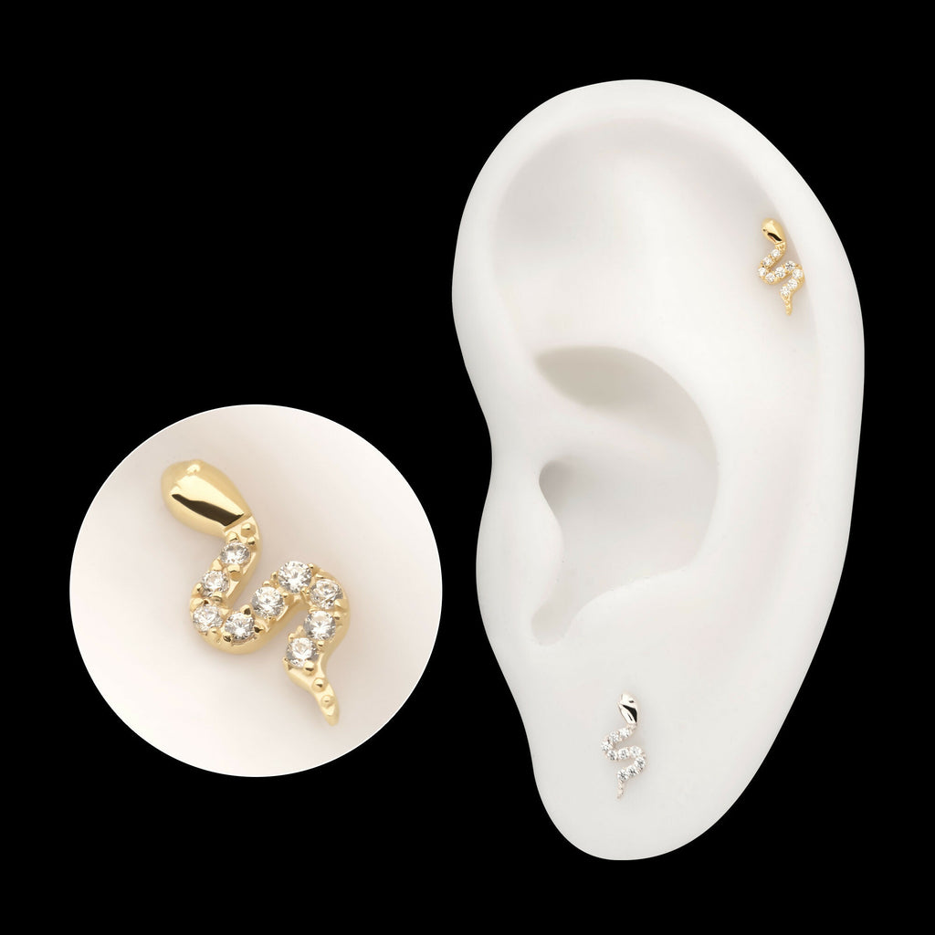 14Kt Gold Threadless Sculptural S-shaped Snake Top with 9 Pave Set Gem