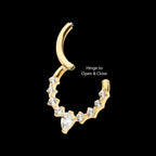 24Kt Gold PVD Titanium 9-Cluster Prong Set Round & Teardrop CZ Front Facing Hinged Segment Clicker Hoop Earring / Nosering