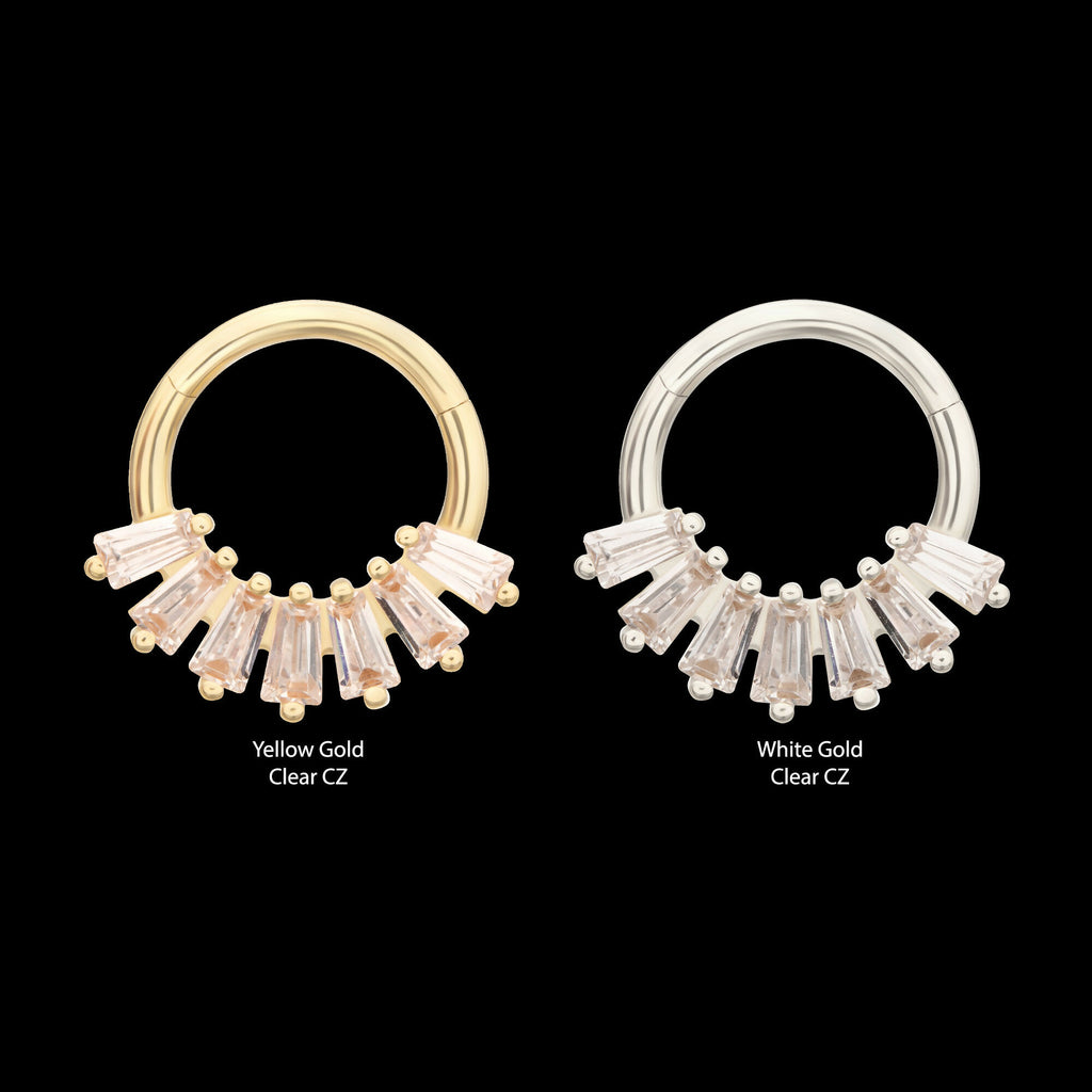 7-Cluster Baguette Prong Gem Front Facing Hinged Segment Clicker Hoop Earring / Nosering – 14Kt Gold