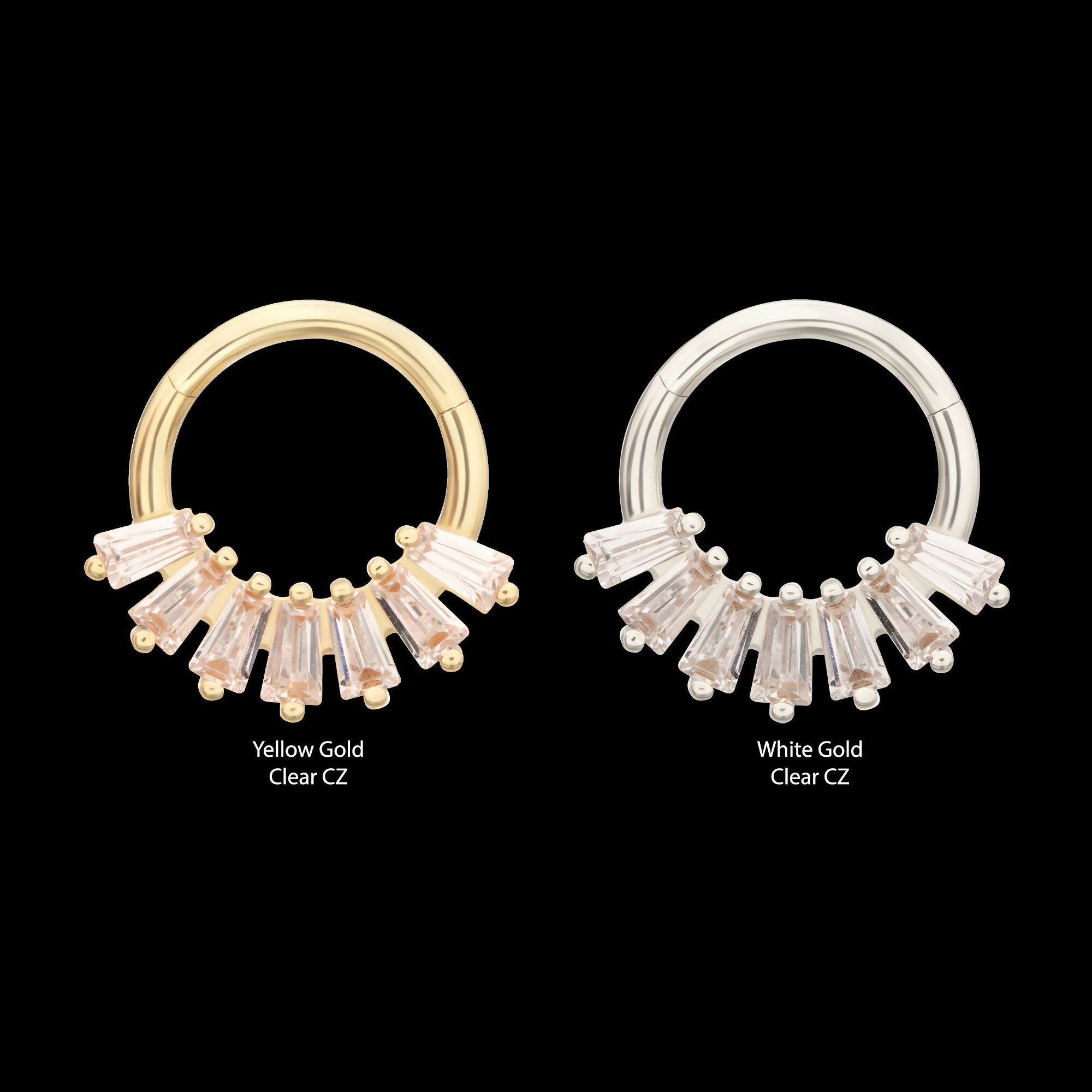 7-Cluster Baguette Prong Gem Front Facing Hinged Segment Clicker Hoop Earring / Nosering – 14Kt Gold