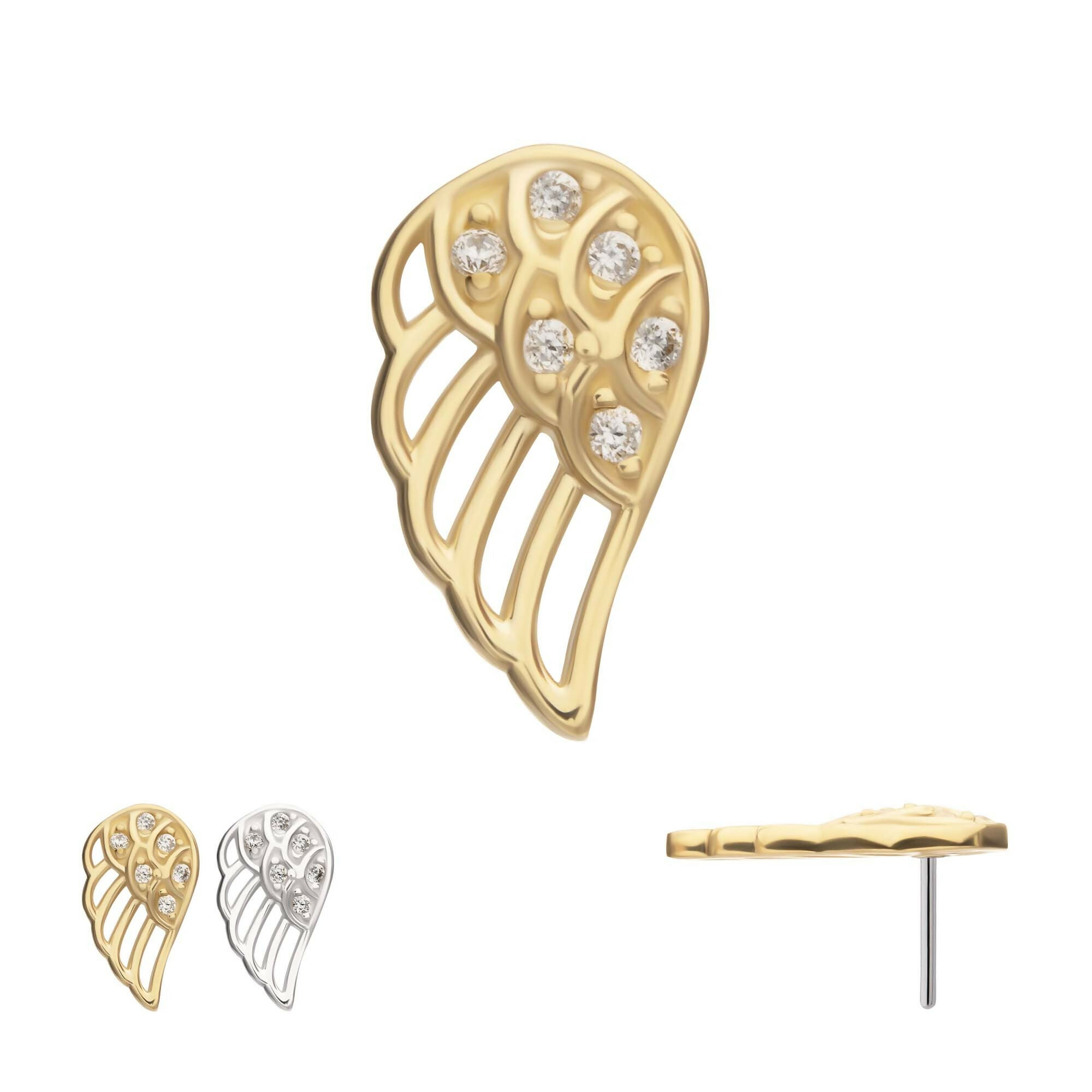 Angel Wing with Pave Gem (Right Ear) Flatback Stud Earring / Nosering - Gem in 14Kt Gold