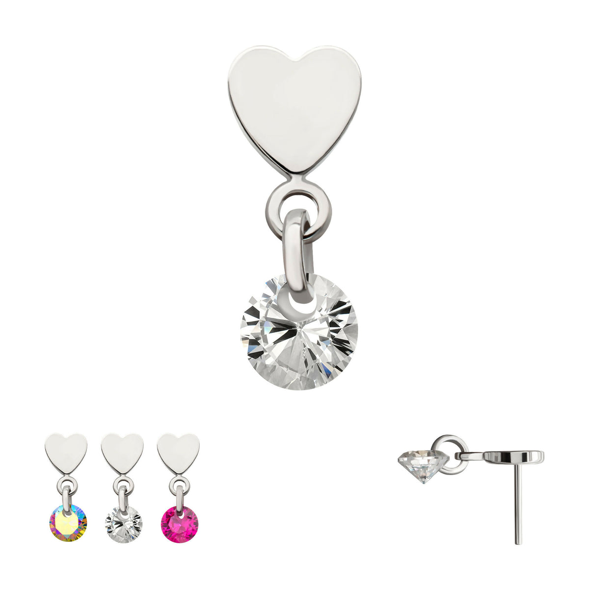Flat Heart with Floating CZ Gem Dangle Flatback Stud Earring / Nosering - CZ in Platinum PVD Titanium