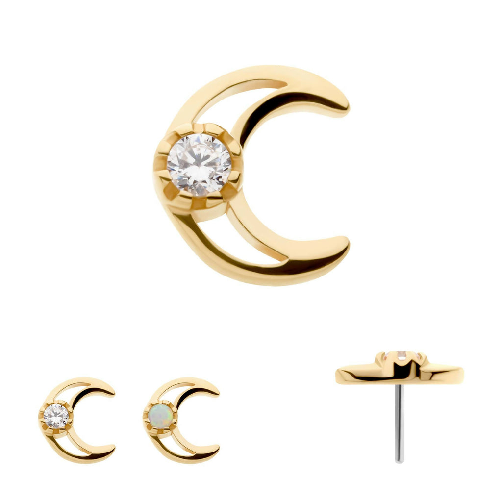 CZ/Opal Crescent Moon Flatback Stud Earring / Nosering - Opal & CZ & Opal & CZ in 14Kt Yellow Gold