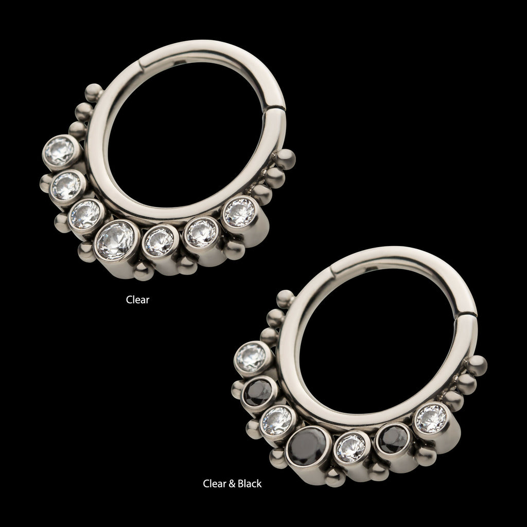 7 Cluster Bezel Set CZ & Beads Front Facing Hinged Segment Clicker Hoop Earring / Nosering – Titanium