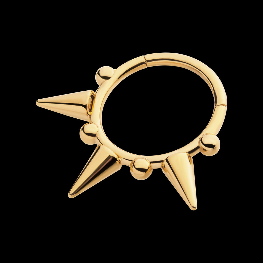 24Kt Gold PVD Titanium Spike Design Front Facing Hinged Segment Clicker Hoop Earring / Nosering