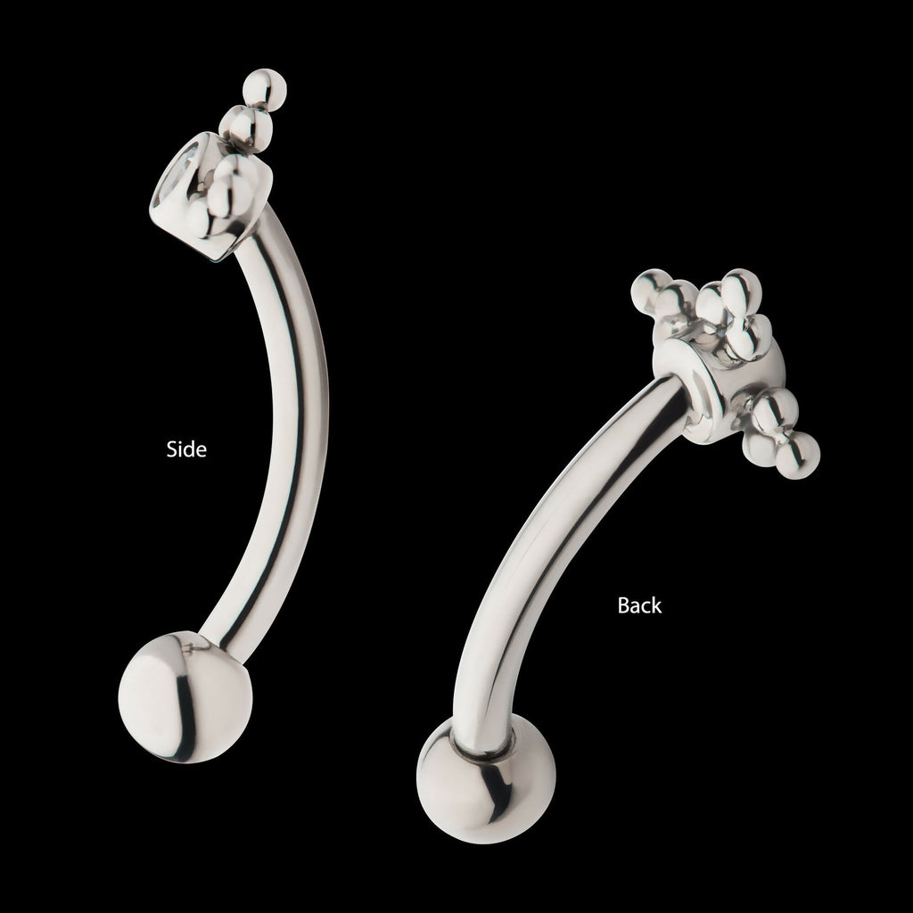 Internally Threaded with Tri Beads Set & Bezel Set Clear AAA CZ Fixed Top Curved Barbell Earring / Nosering – Titanium