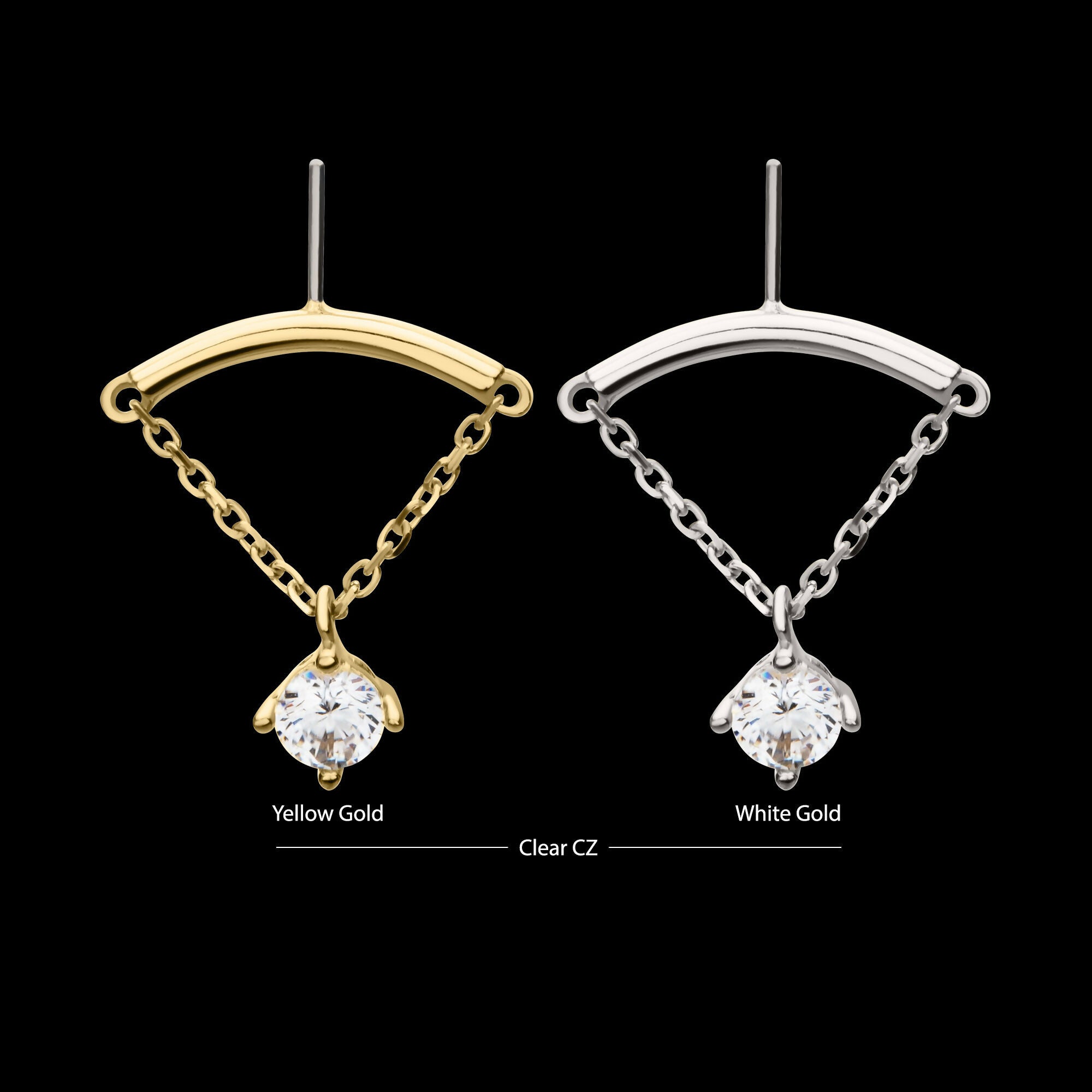 14Kt Gold Threadless Hidden Helix Curved Bar Top with Gem Chain Dangle