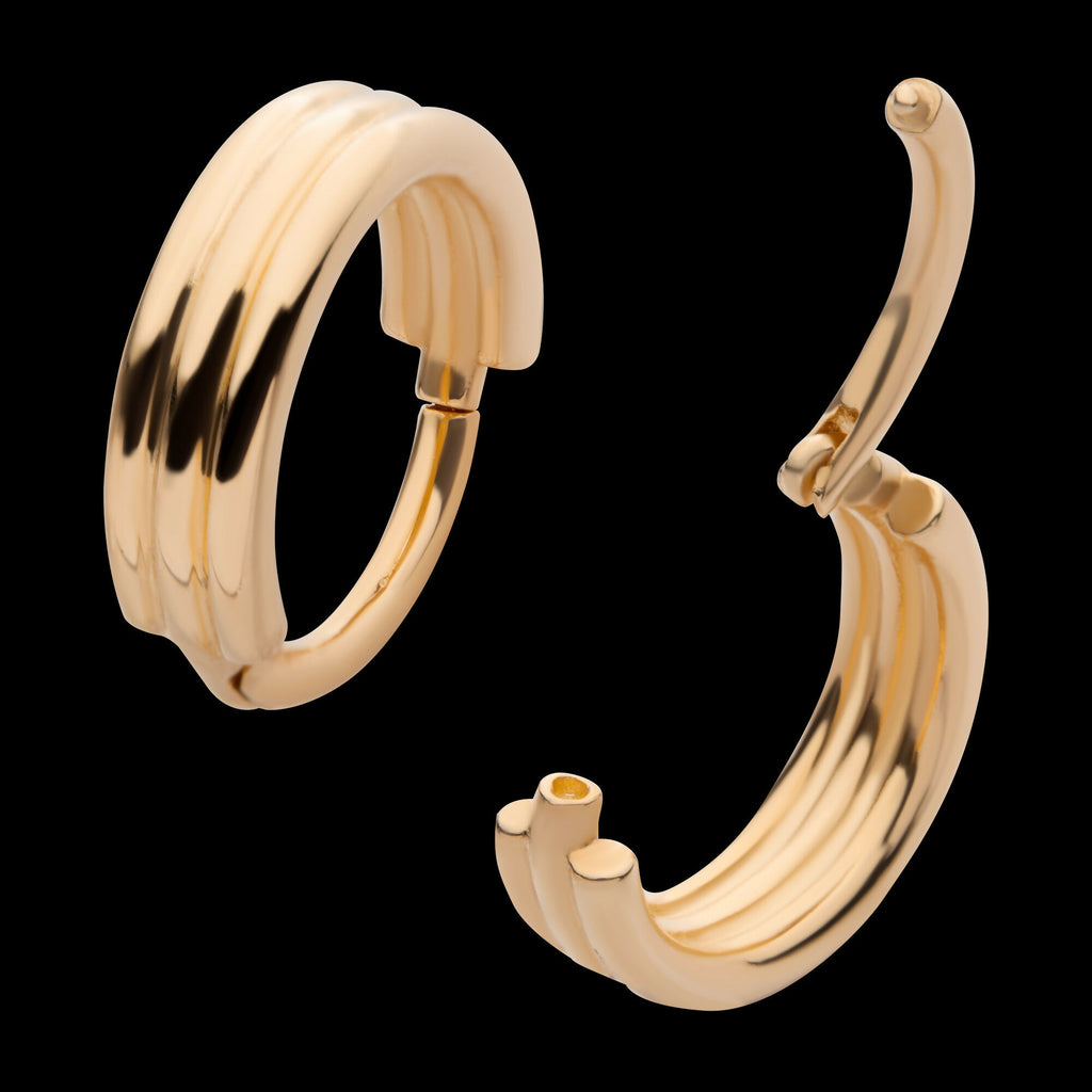 Triple Stack Design Side Facing Hinged Segment Clicker Hoop Earring / Nosering – 14Kt Yellow Gold